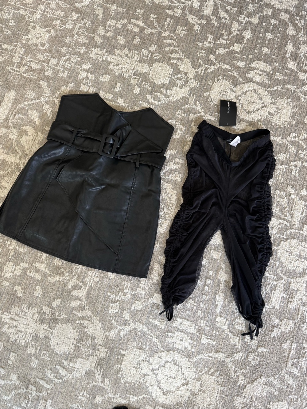 Fashion Nova Black Faux Leather Belted Mini Skirt and sheer bottoms